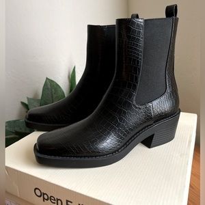 Black MidCalf Faux Crocodile Lug Booties